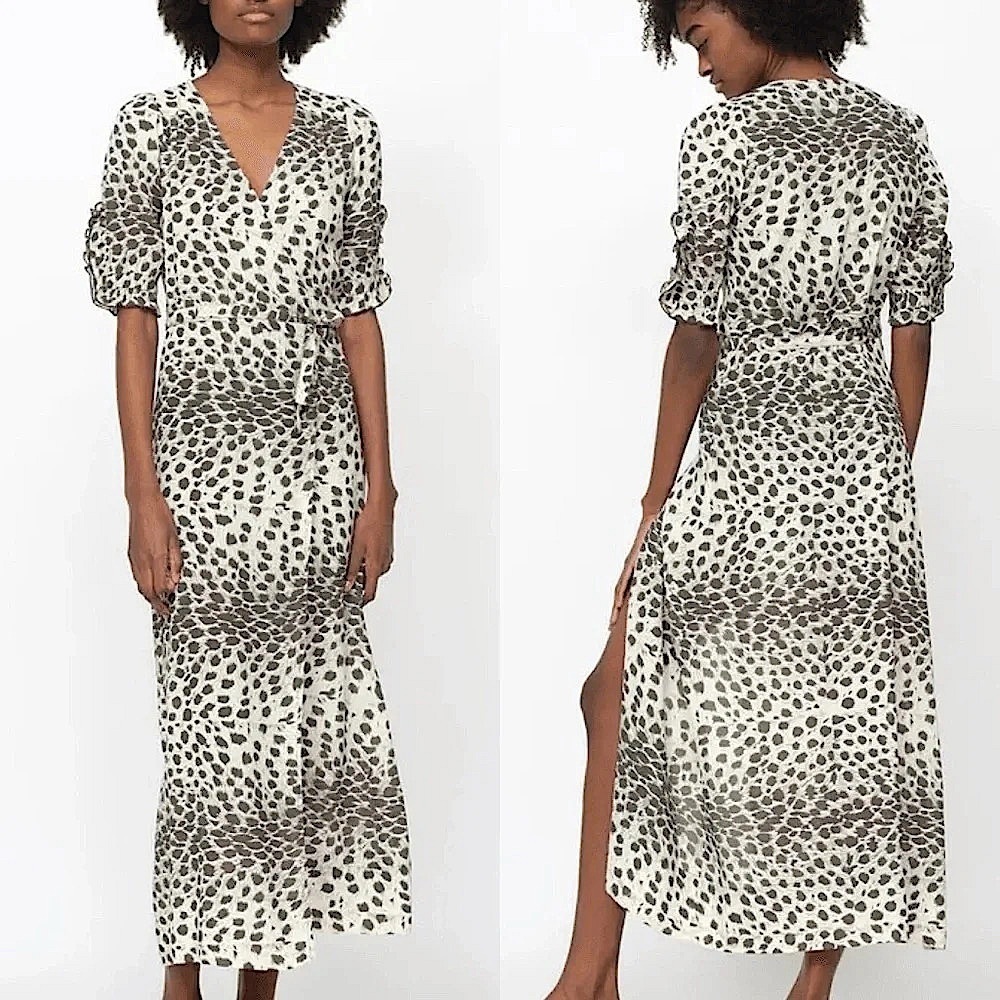 SEA NY Midi Wrap Dress Sz 6 Leopard Wrap Dress Print V Neck Ruffled leopard